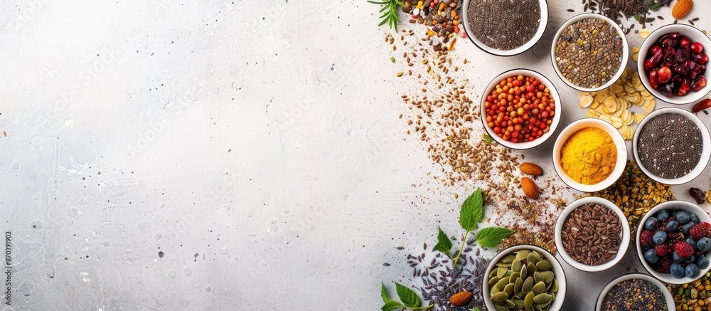 Aufkleber Top view of a variety of superfoods arranged neatly on a light background, emphasizing a balanced diet and clean eating concept with available copy space image.