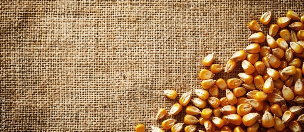 Aufkleber Top view of corn grains on a burlap background with copy space image available for text.