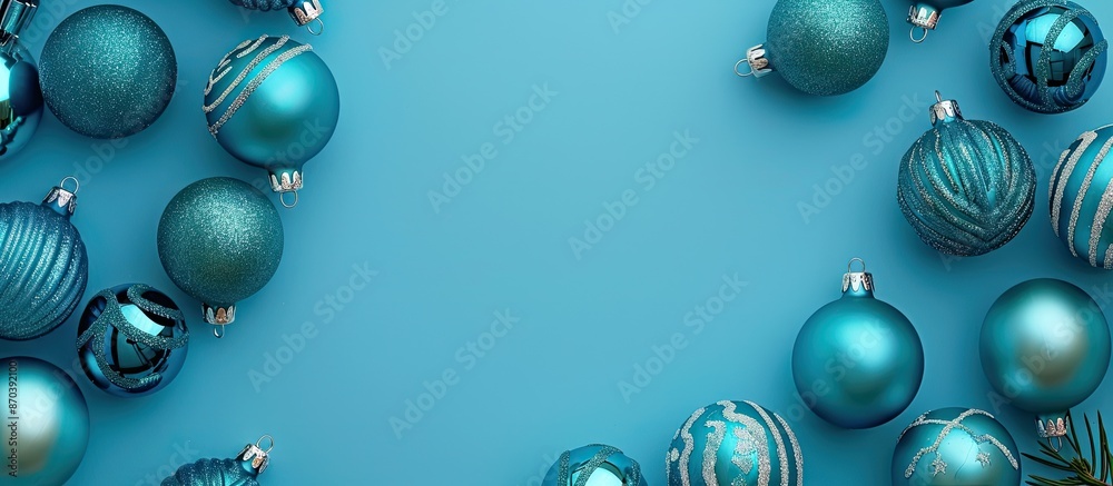 Wall mural Beautiful Christmas balls creating a frame on a blue backdrop with a copy space image.