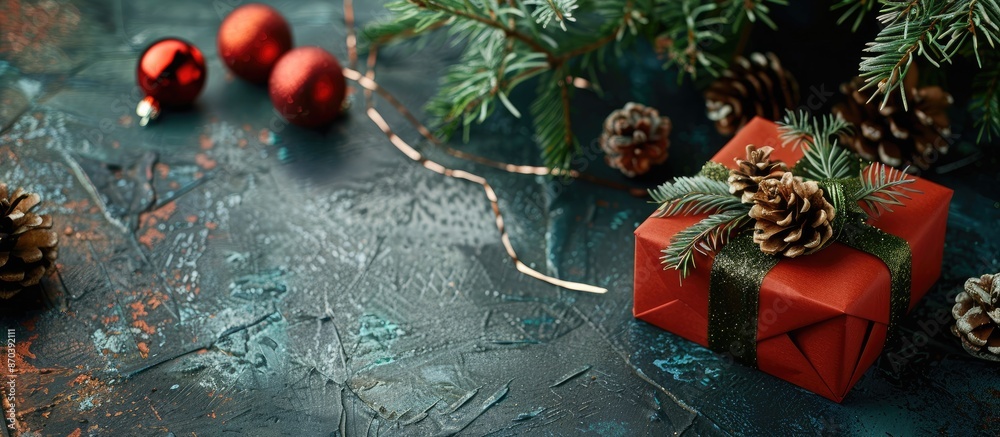 Poster festive christmas gift box displayed on a stone table adorned with tree branches, cones, and ample c