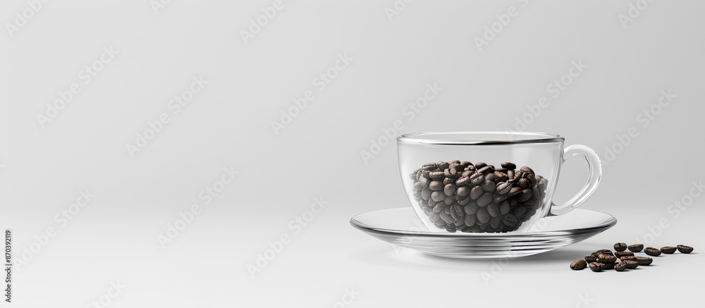 Poster a glass cup with coffee grains placed on a saucer, with ample empty space for an image.