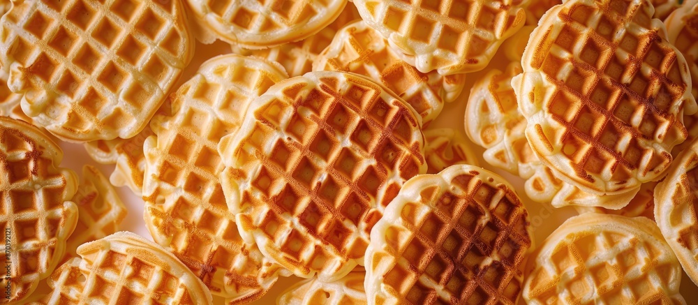 Poster A waffle is created by cooking leavened batter or dough in a patterned press to form its distinctive shape and texture, ideal for a copy space image.