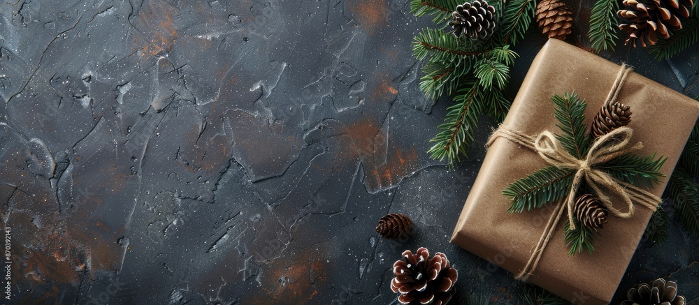 Poster festive christmas gift box displayed on a stone table adorned with tree branches, cones, and ample c