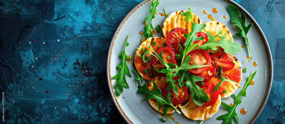 Poster an image of mediterranean-inspired grilled tiger crackers on a plate, garnished with tomato sauce an