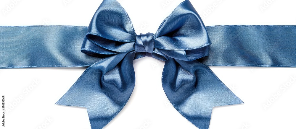Poster a present with a blue bow tied elegantly with a satin ribbon, set against a white backdrop with copy