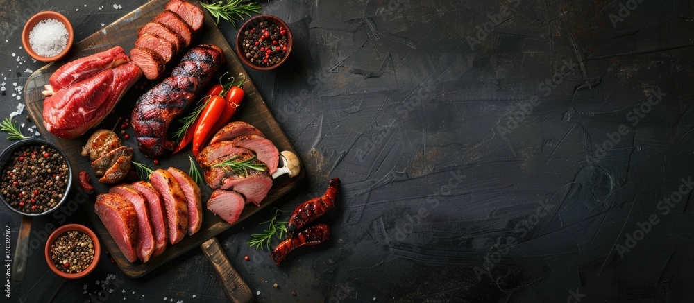 Poster Barbecue meat selection displayed on a dark backdrop, portraying a homemade food theme. Overhead view with copy space image.