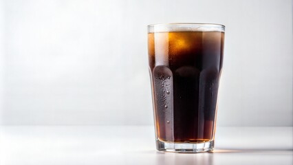 glass of root beer isolated on white background, minimal