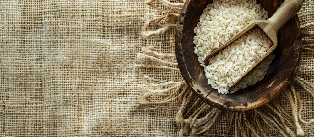 Poster a top-view image with copy space featuring a wooden scoop and bowl filled with rice cereal on a text