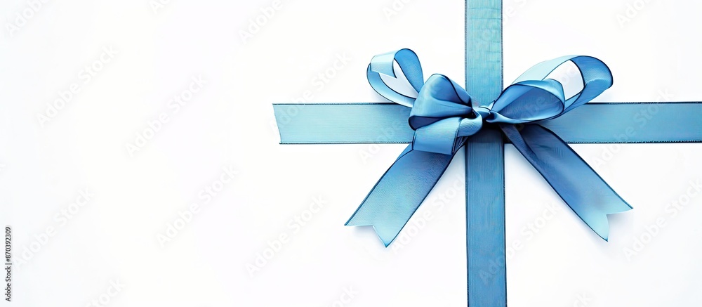 Poster a present with a blue bow tied elegantly with a satin ribbon, set against a white backdrop with copy