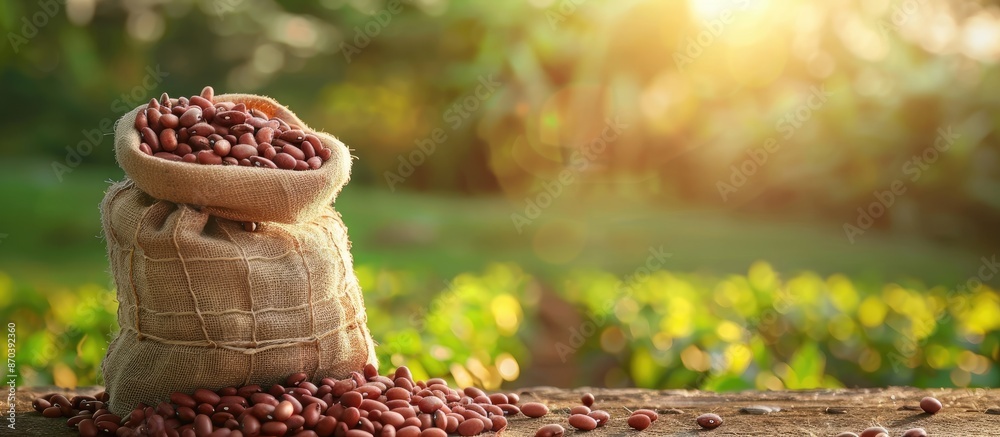 Poster A burlap sack of dry kidney beans displayed on a tabletop against a backdrop of a lush green field in an image with available space for textual content. copy space available