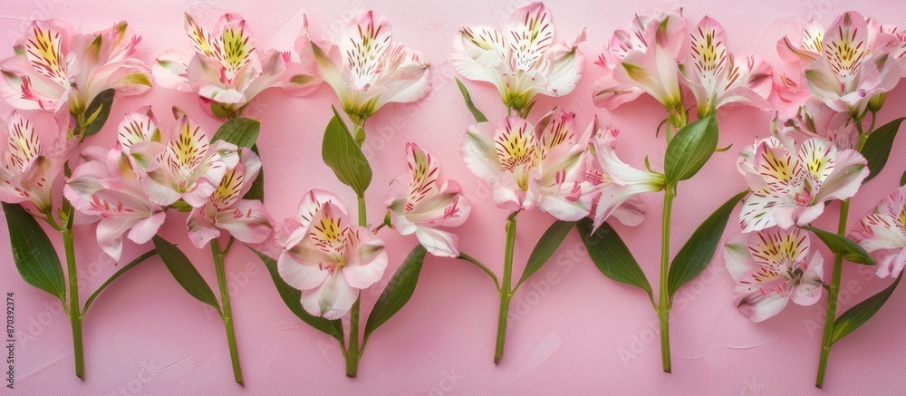 Aufkleber Alstroemeria flowers arranged on a pink background for a greeting card concept with top view and copy space image.