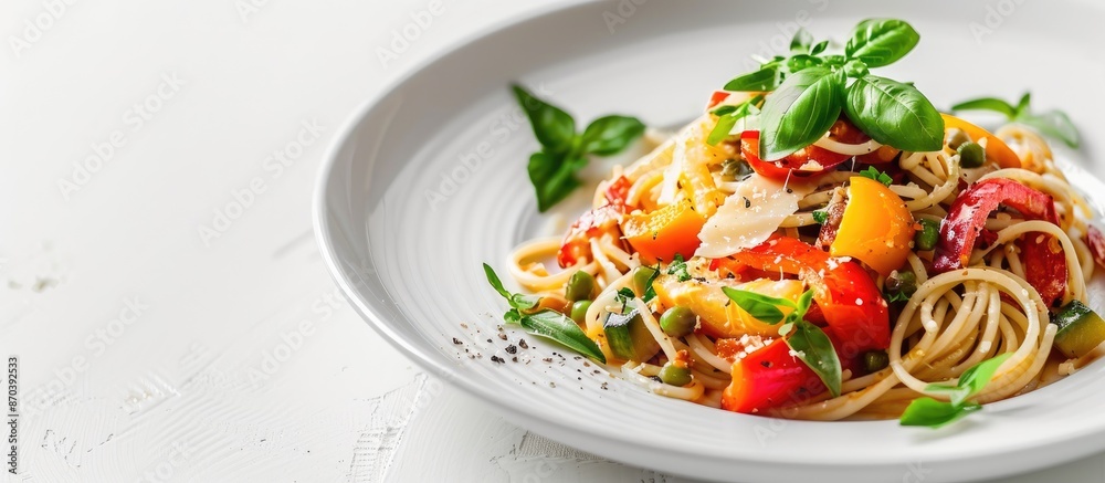 Aufkleber a dish of pasta topped with a colorful medley of vegetables and savory sauce on a clean white plate 