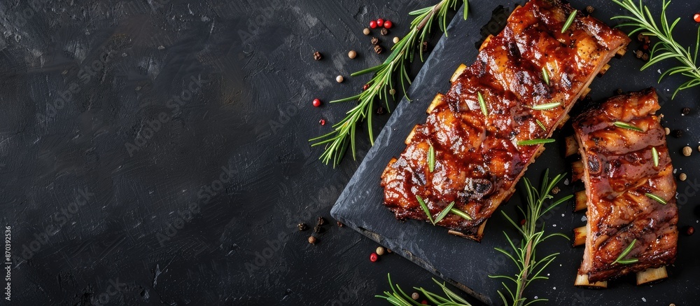 Poster a food concept featuring succulent grilled pork ribs basted in a smoky sauce, adorned with aromatic 