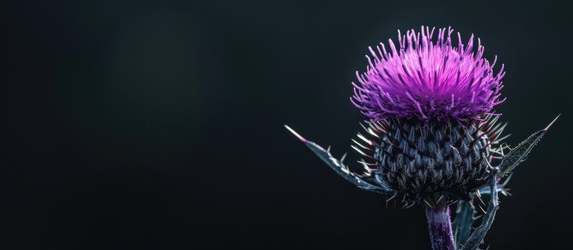 Close-up shot of a striking purple thistle flower, Carduus acanthoides, with ample copy space image, capturing its intricate details.