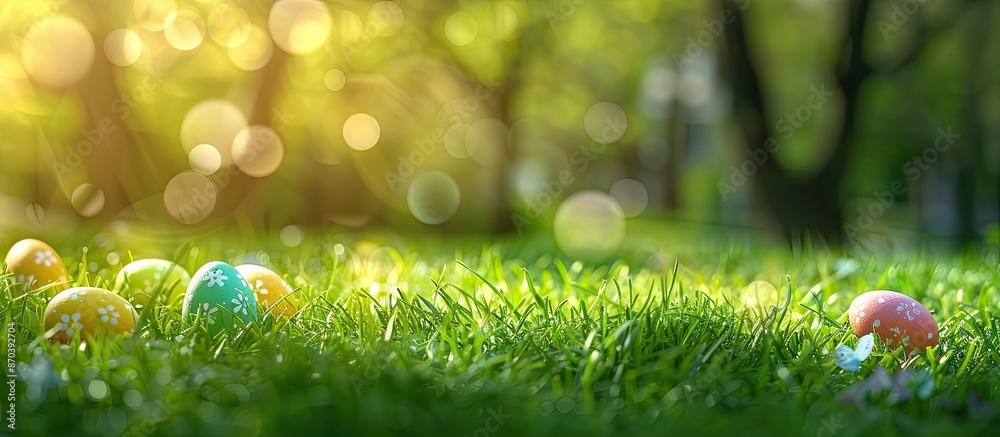Aufkleber spring holidays concept with easter eggs resting on fresh green grass, presenting a picturesque scen