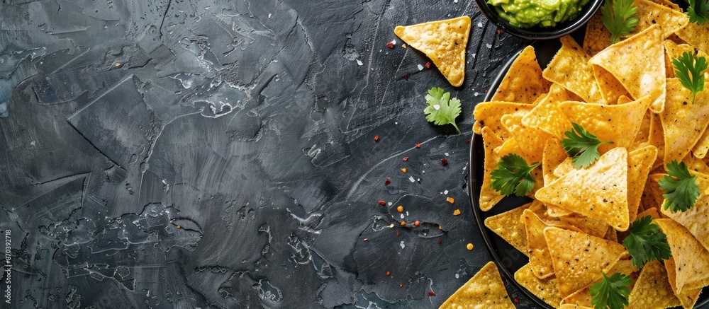 Poster Top-down view of Mexican nachos served with guacamole on a textured gray surface, suitable for adding text or images within the frame. copy space available