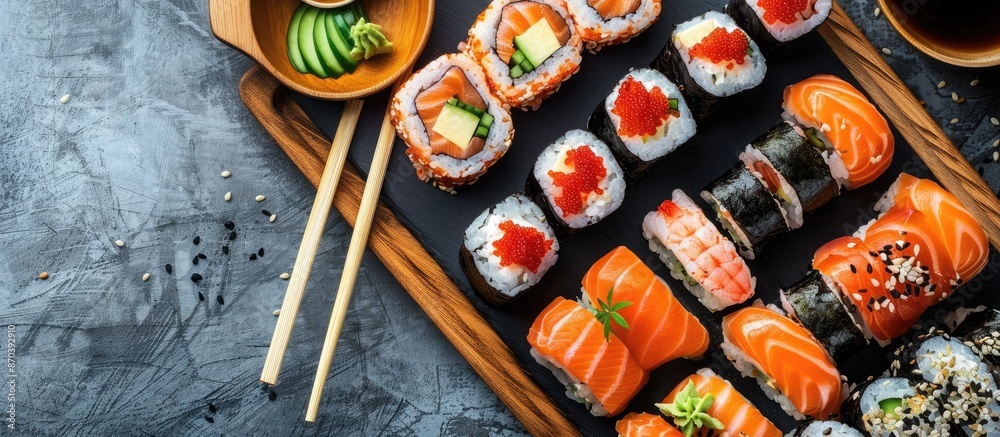 Poster A photo of the sushi I enjoyed, showing a delicious meal with appealing presentation and copy space image.