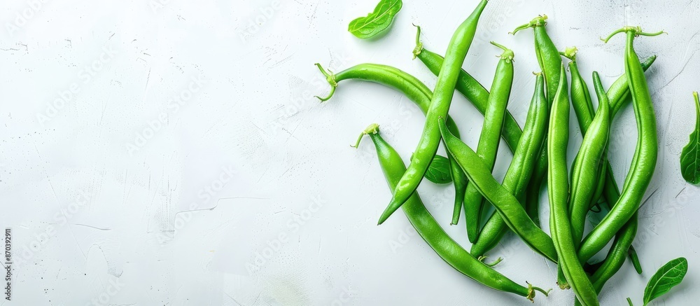 Poster green beans vegetable close-up on white background with ample copy space image.