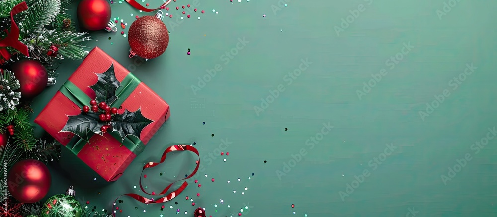 Poster top view of a red gift box and christmas decoration on a green background with copy space image.