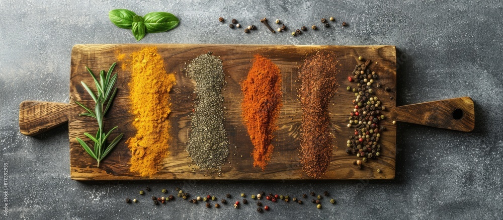 Poster Flat lay image of spices arranged around a wooden cutting board on a textured gray tabletop, with a designated copy space for text.