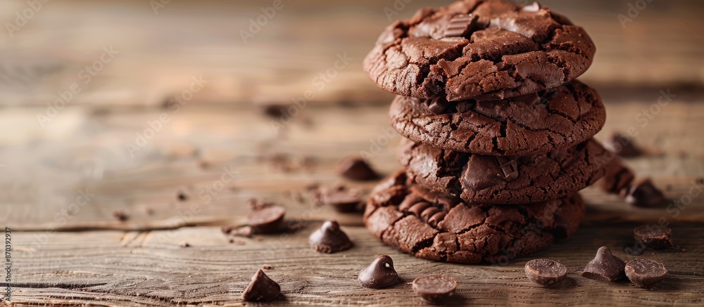 Poster pile of delicious chocolate cookies on a wooden table with copy space image.