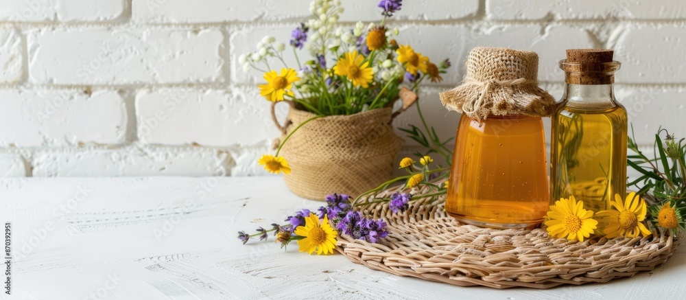 Poster honey and a variety of flowers displayed on a wicker mat with a white brick wall backdrop, perfect f