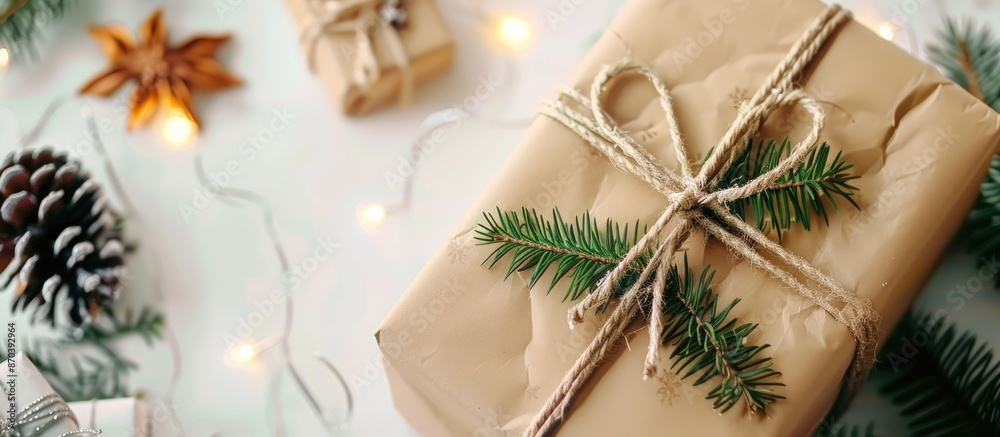 Aufkleber selective focus of a christmas gift box on a white backdrop with decorative elements, providing ampl