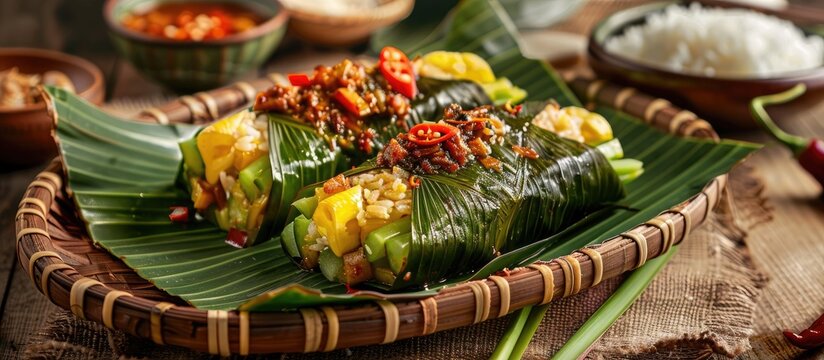 Lontong, a traditional Indonesian dish, consists of rice stuffed with oncom or vegetables, all wrapped in banana leaves and it tastes delicious. Includes copy space image.