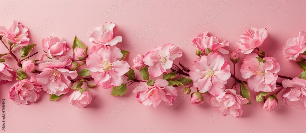 Poster soft pink flowers bordering a pastel pink background in a flat lay top view with room for text or gr