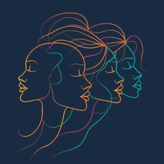 Colorful women line illustartion of a diverse and multicultural community. Illustration of a multi-ethnic group of people, portraits in simple colors on dark background