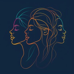 Colorful women line illustartion of a diverse and multicultural community. Illustration of a multi-ethnic group of people, portraits in simple colors on dark background