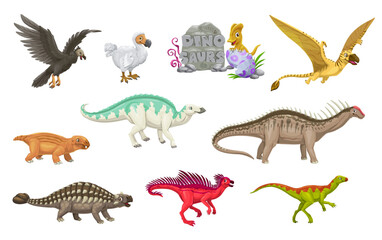 Cartoon dinosaur characters and dino kid in egg, vector jurassic animals. Cute dinosaur personages, dodo, lystrosaurus, dimorphodon and dicraeosaurus, saichania, pegomastax and argentavis raptors
