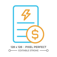 Electricity bill two color line icon. Public utility service payment. Debt for utilities usage. Invoice bicolor outline symbol. Duotone linear pictogram. Isolated illustration. Editable stroke