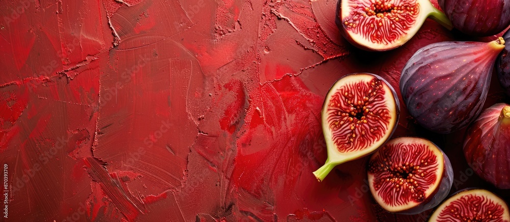 Poster close-up of ripe fresh figs on a reddish brown backdrop with copy space image.