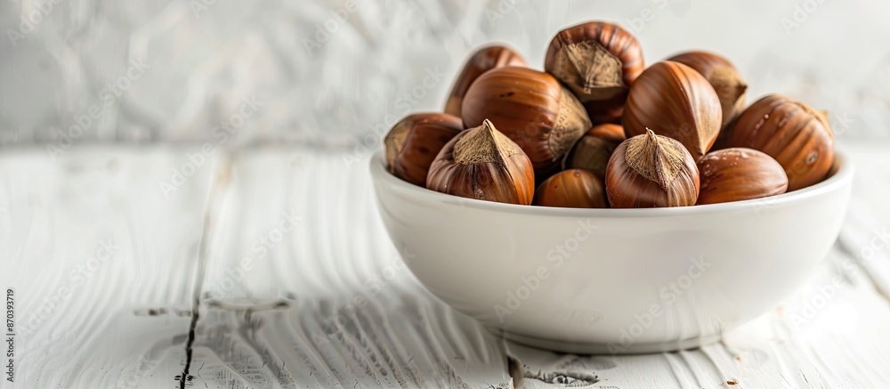 Poster Selective focus on a bowl of freshly boiled chestnuts on a white wooden table with room for text or other elements in the image. copy space available