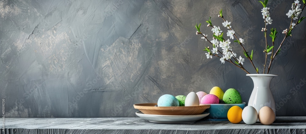 Aufkleber Easter table setup on gray backdrop with holiday decorations, embodying the Happy Easter theme. Includes copy space image for text placement.