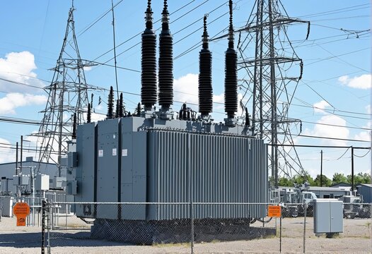 A transformer at an electrical substation. Transmission of electricity.