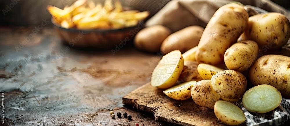 Poster Potato ready to fry is on a table with french fries as a background in the copy space image.
