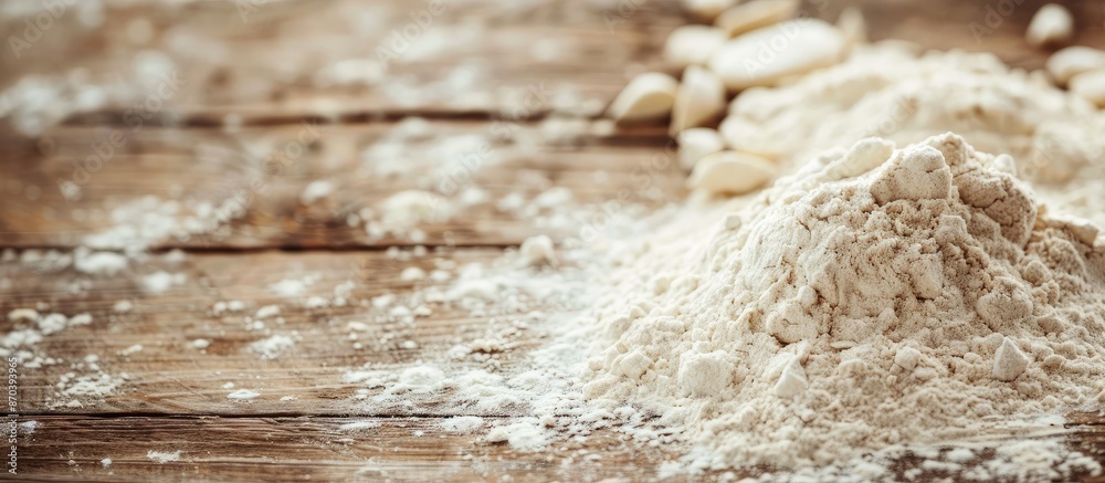 Poster Close-up view of flour on a rustic wooden table with space for text or images. copy space available