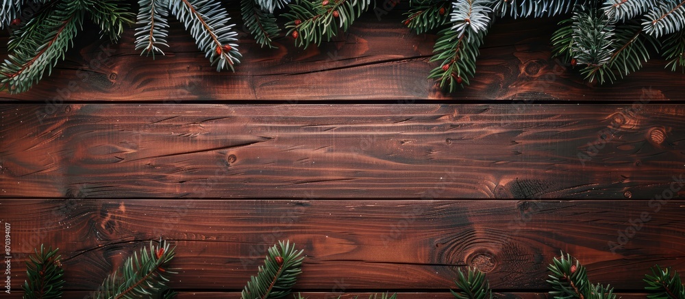 Poster Wooden Christmas background adorned with fir branches and favorable for inserting an image in the blank space provided. copy space available