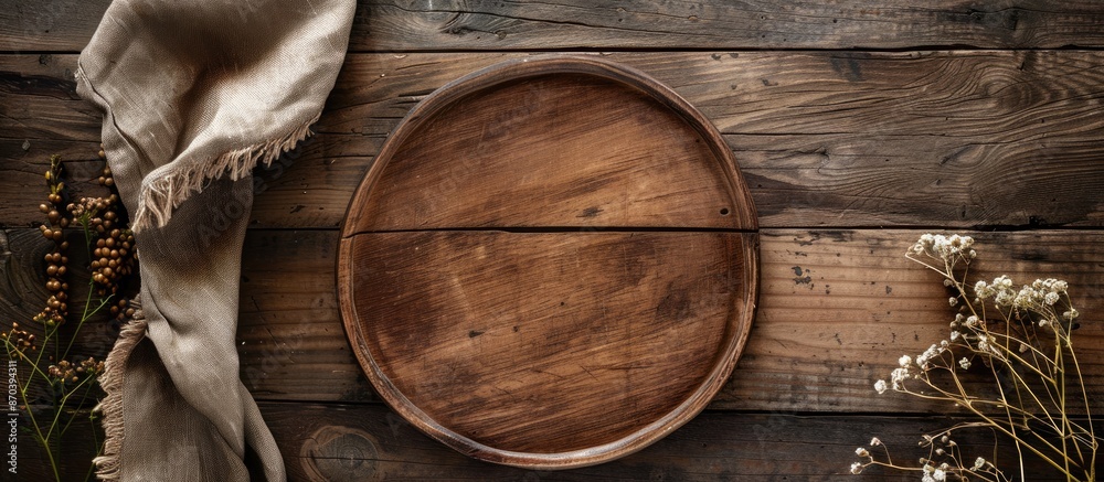 Poster brown wooden desk with a wooden plate and linen napkin, providing a rustic aesthetic and a lovely se