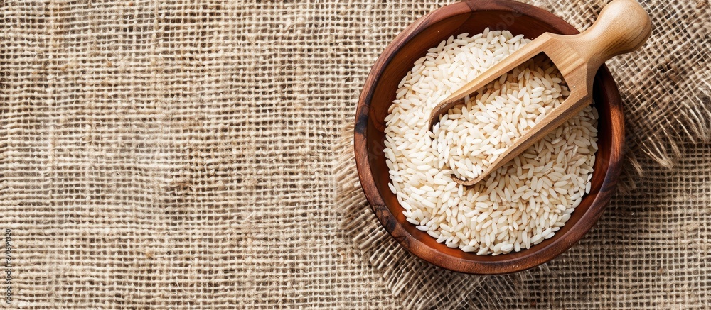 Poster a top-view image with copy space featuring a wooden scoop and bowl filled with rice cereal on a text