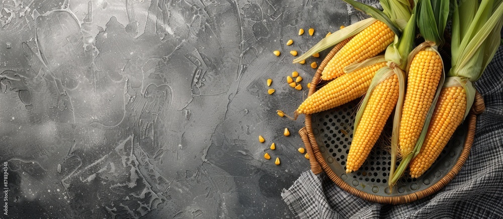 Poster basket sieve plate with fresh baby corn in husk and red silk on a gray table with copy space image.