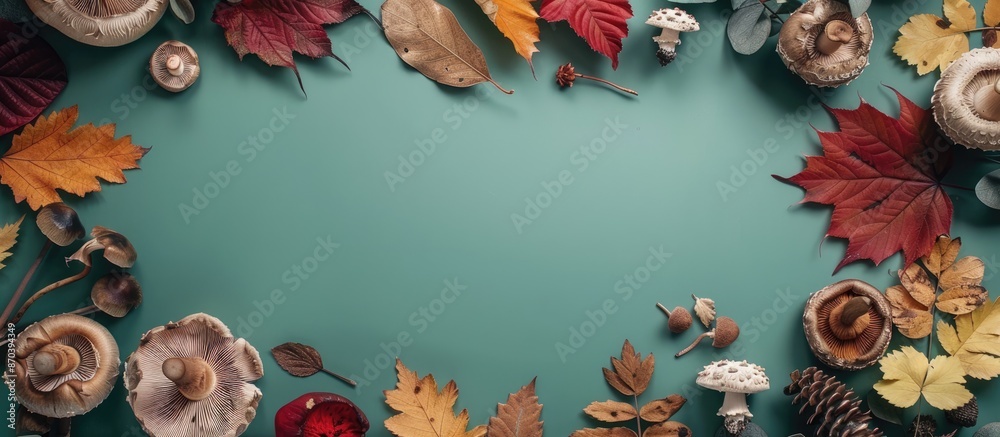 Poster top view flat lay with a frame crafted from autumn leaves and mushrooms on a soft green backdrop, id