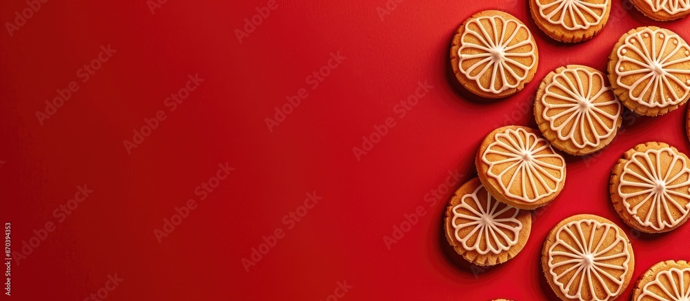 Poster Top view closeup of patterned cookies on a red tablecloth with copy space image for background or seamless template.