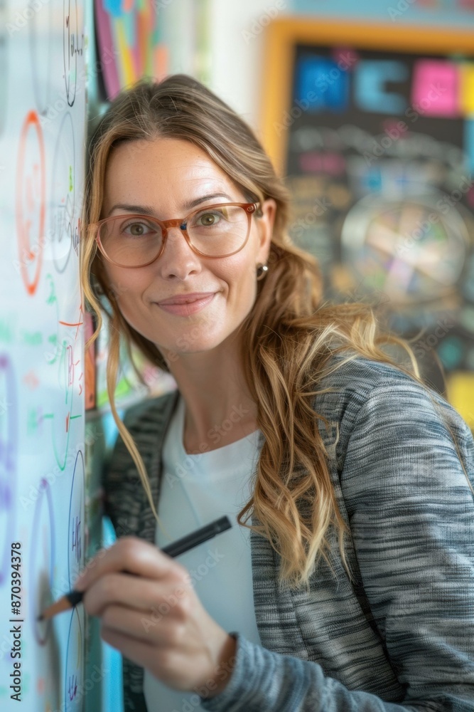 Canvas Prints Thoughtful businesswoman writing on a whiteboard during a brainstorming session. AI.