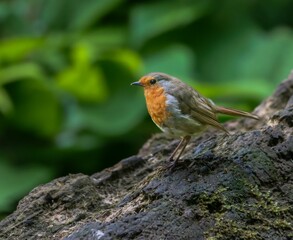 Close-up of a European robin perched on a mossy rock with a blurred green background