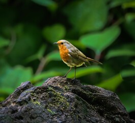 Close-up of a robin bird perched on a rock with a blurred green foliage background