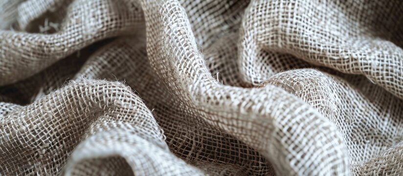 Detailed close-up of a rustic crumpled vintage textured fabric with a burlap diagonal twill canvas pattern background in white and grey, with horizontal patch copy space image.