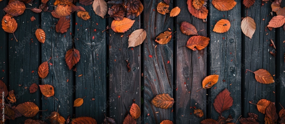 Poster autumn leaves showcased on a wooden backdrop with a flat view, perfect for a copy space image.